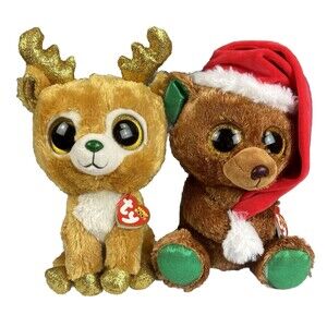 Ty Christmas Plush Beanie Boo Santa Bear Glitzy Reindeer 9” Holiday Decor Gift